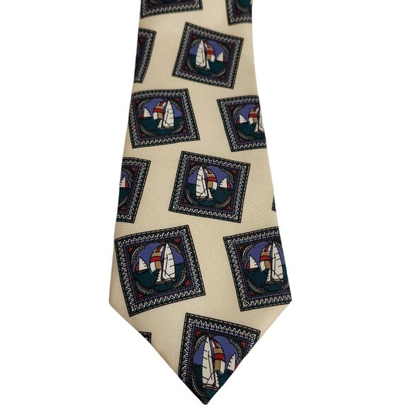 Vintage Morgan Hart Sailboat Pattern Cream Silk Tie 4" x 56" - Picture 2 of 4